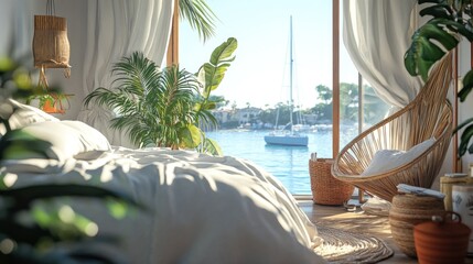 A bedroom with white sheets and a wicker chair, overlooking a bay with a sailboat.