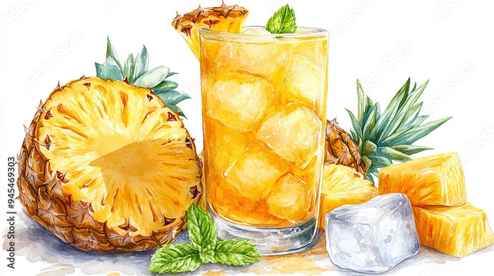 Wall mural refreshing pineapple cocktail with fresh fruit and mint leaves on display