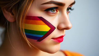 A young woman with green eyes and dark hair, wearing rainbow-colored face paint on her cheek, representing the LGBTQ pride flag