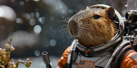 A capybara in a spacesuit explores a vibrant alien landscape, surrounded by strange flora and sparkling lights during a cosmic adventure