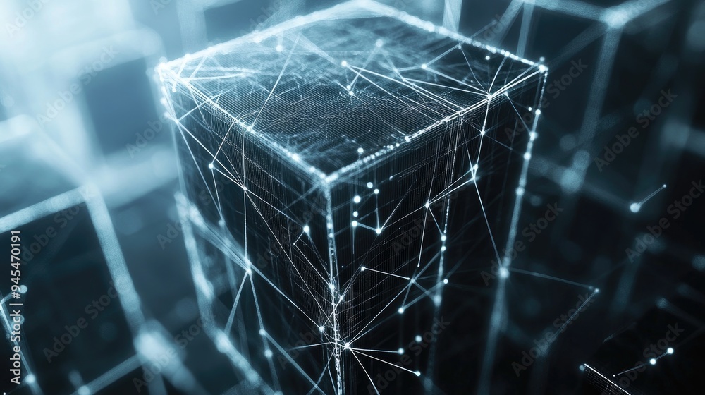 Poster abstract white sci fi cube featuring particles and lines with digital indicators representing a tech