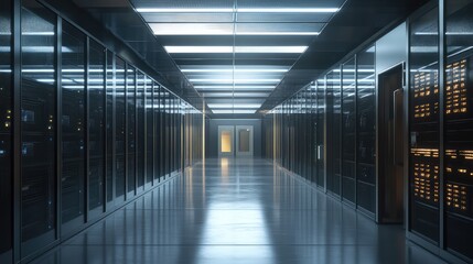 Modern data center with glass-enclosed servers, emphasizing industrial minimalism and detailed, realistic textures.