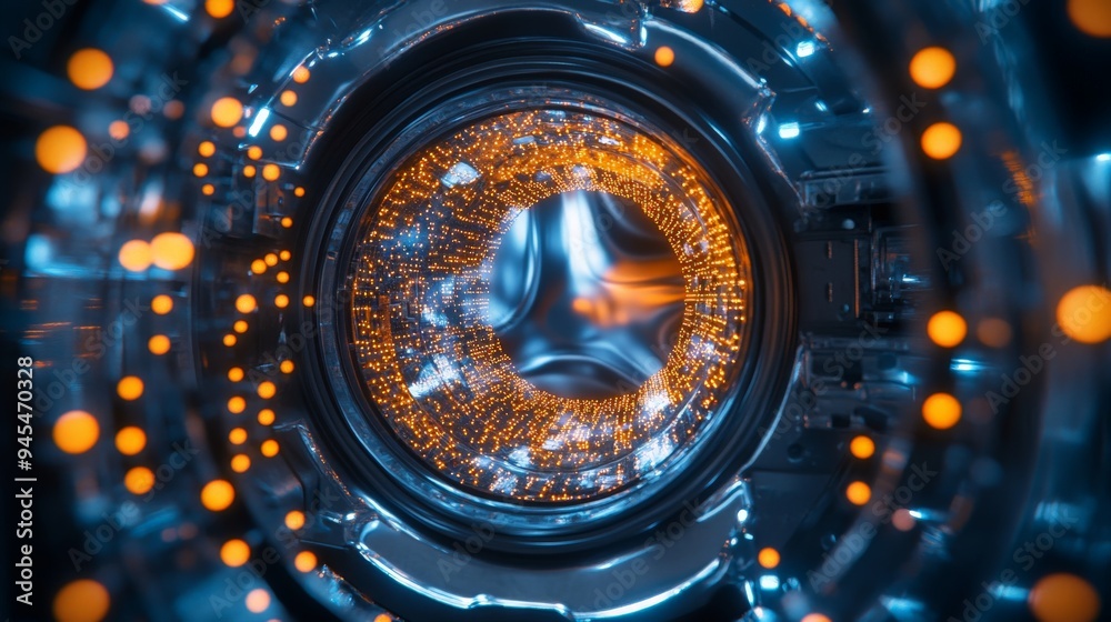 Aufkleber a close-up view of the interior of a washing machine, with orange and blue glowing lights, creating 