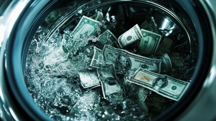 Several US dollar bills are visibly being washed inside a washing machine, symbolizing the concept of money laundering in a literal and powerful visual representation.