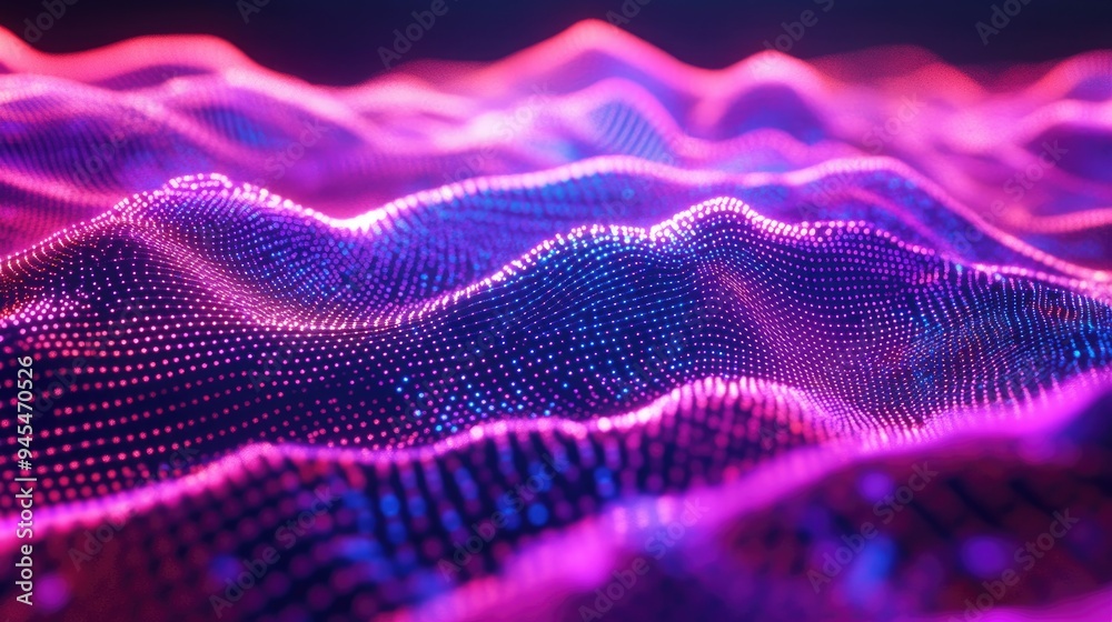 Poster 3d rendering of a neon grid terrain with gradient effects visualization of data generated through sc