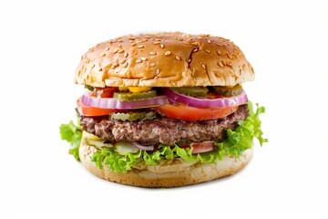 Juicy sesame seed bun hamburger stacked with fresh vegetables, including lettuce, tomatoes, onions, and pickles on a white background