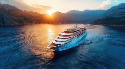 A luxurious modern white cruise liner sailing on the blue sea, sunset light, mountains on backdrop, blue sky. Aerial high view. Generative AI.