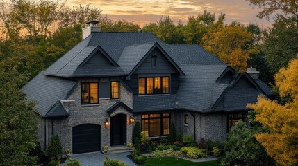 Brick house with black roof and windows, illuminated by warm light from inside, surrounded by trees in autumn.