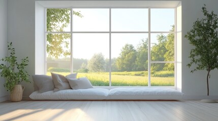 Concept of a bright room featuring a sofa and a view of a summer landscape through the window Scandinavian interior design style 3D rendering © -Quantum Pixels-
