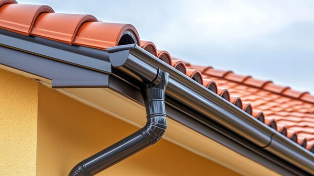Black gutter system on a roof with terracotta tiles and yellow wall.