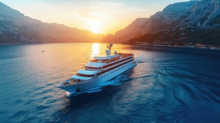 A luxurious modern white cruise liner sailing on the blue sea, sunset light, mountains on backdrop, blue sky. Aerial high view. Generative AI.