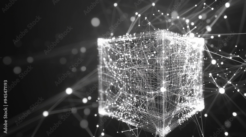 Poster abstract white sci fi cube featuring particles and lines with digital indicators representing a tech