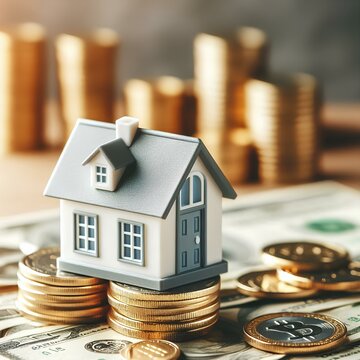 Modern small house model and money coins obn blurred background. Saving money for buying a house.