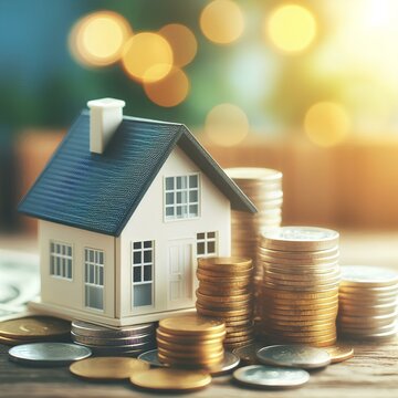 Modern small house model and money coins obn blurred background. Saving money for buying a house.