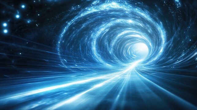 Abstract portal and frame featuring dynamic light lines representing movement and speed Blue hues luminous ellipse radiant galaxy and a glowing podium evoke a space tunnel effect with a light vorte