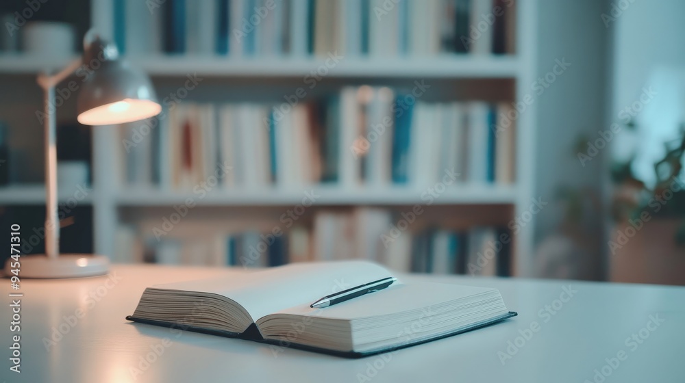 Poster an open book and pen lie on a white desk, with a background of bookshelves and a lamp, forming a stu