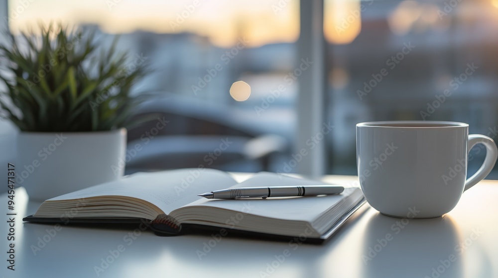 Poster A reading nook features an open book with a cup of tea and a pen on a white table, with a plant in the background and a panoramic view through the window.
