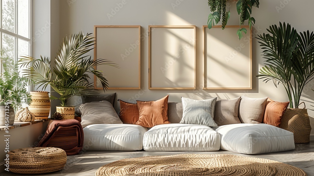 Aufkleber mockup of cozy boho modern home, a neutral colored wall with mockups of 4 empty square black wall ar