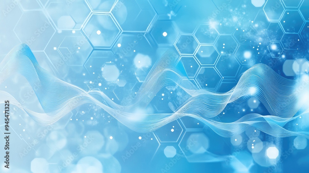 Poster a light blue backdrop with hexagonal designs and wavy lines representing a theme of science and tech