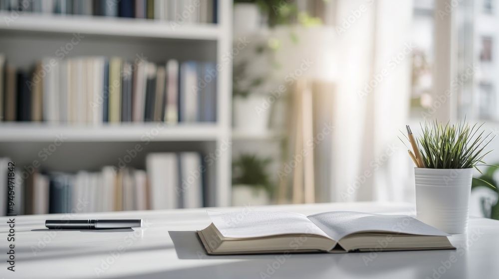 Poster the image captures an open book on a white desk, accompanied by a black pen and a white pot with gre