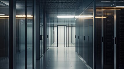 Modern server room in a data center, industrial minimalism, glass enclosures, detailed and realistic.