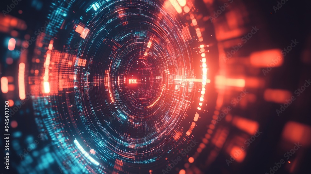 Poster abstract background featuring a high tech circular design with a complex plexus network
