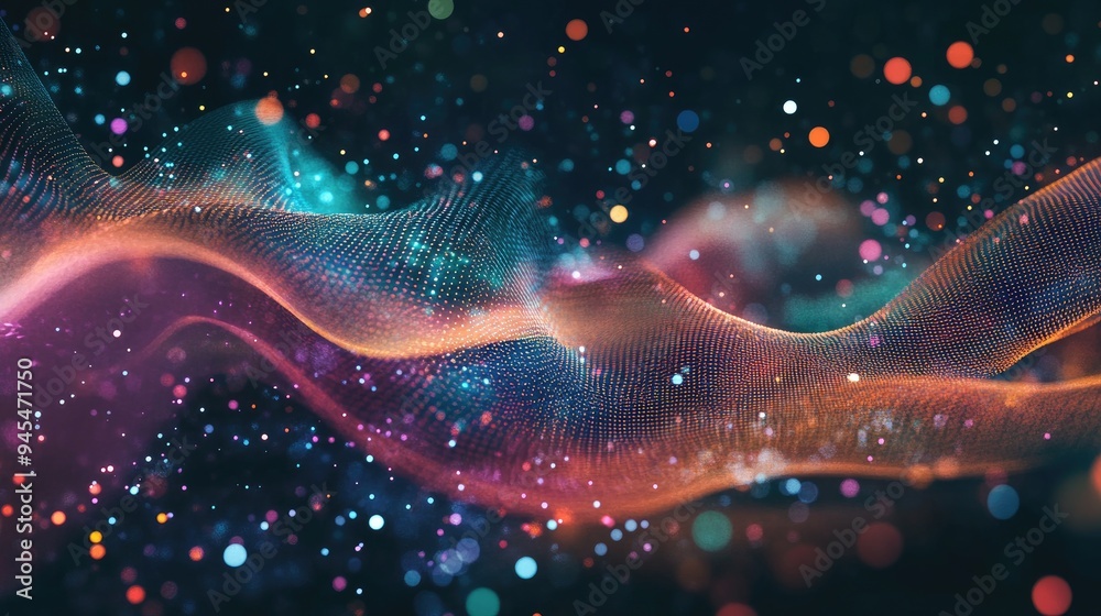Poster abstract background featuring an intertwining of colorful dots and lines creating a dynamic musical 