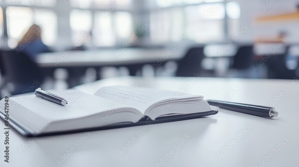 Poster An open book with a pen lies on a modern library table. The background hints at a library environment with bookshelves, creating a space for focused study and research.