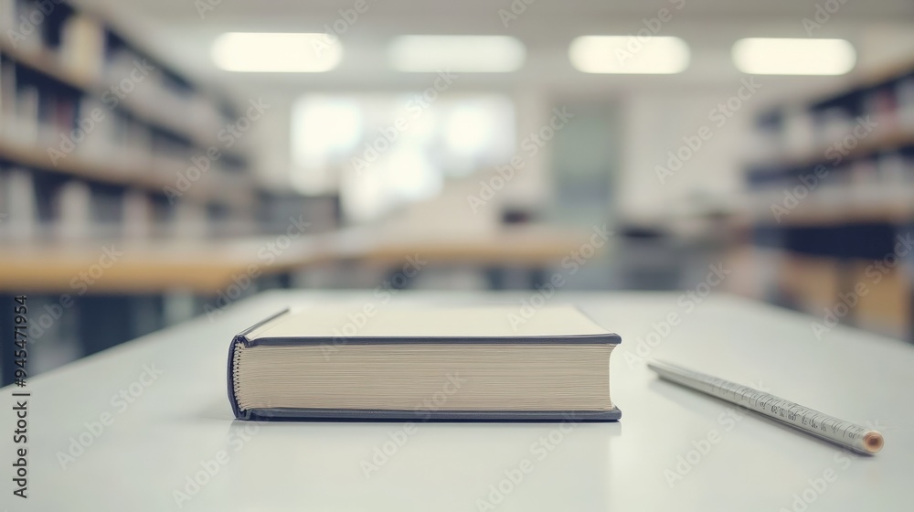 Poster a detailed shot of a closed book and a pencil lying on a desk in a quiet and clean library environme
