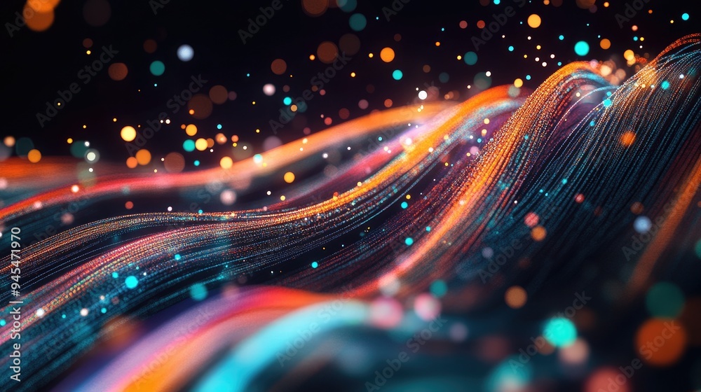 Poster abstract background of oscillating fibers with colorful lines and lights highlighting themes of tech