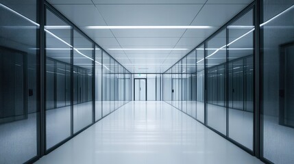 Sleek data center server room, contemporary glass structure, sharp and detailed, industrial minimalism.