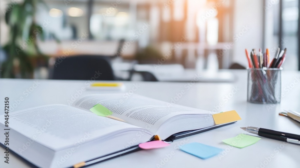 Aufkleber an open book with colorful sticky notes and a pen placed on a bright, clean desk, suggesting an acti