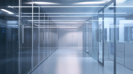Sleek data center server room with transparent glass walls, minimalistic design, and sharp focus on the servers.