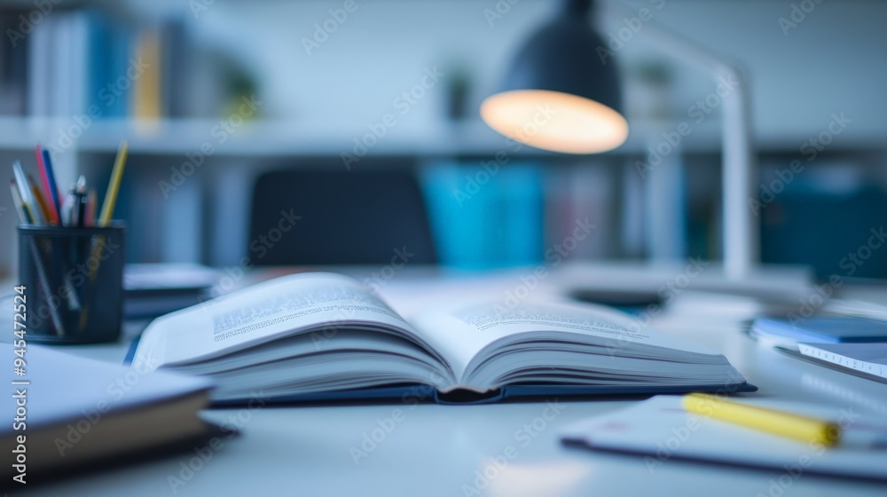 Poster An open book accompanied by a pencil and a lamp on a desk within a study room, creating an environment perfect for focused, concentrated, and disciplined work or study.