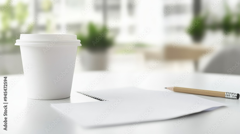 Poster a neatly arranged white workspace featuring a disposable coffee cup with a white lid, blank notepad,