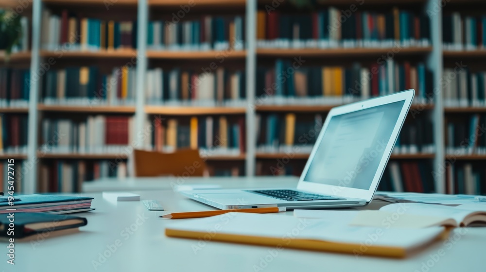 Poster A modern laptop and a stack of books on a study table in a well-lit library, representing a space for focused learning and academic preparation.
