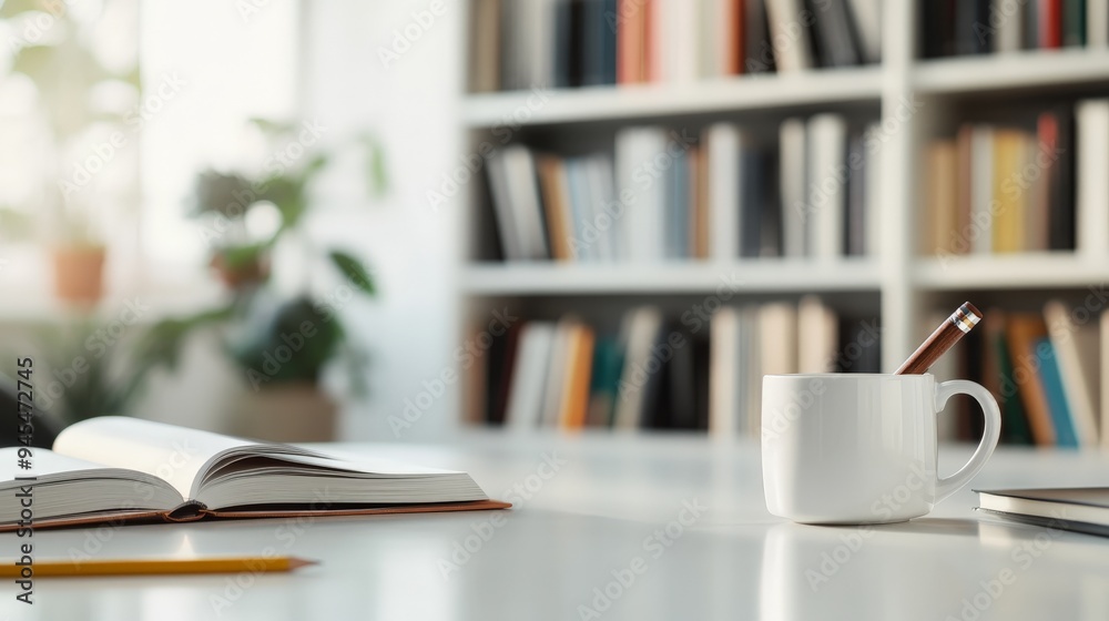 Aufkleber A study area set up with an open book, coffee cup, and a notebook on a neat desk with a background of bookshelves, representing a calm and diligent environment.
