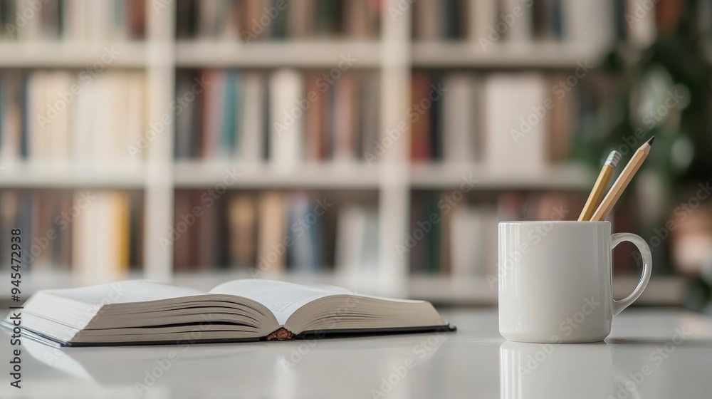 Poster Open book and coffee cup on a clean desk in a well-lit library setting with organized bookshelves in the background, symbolizing learning and quiet focus.