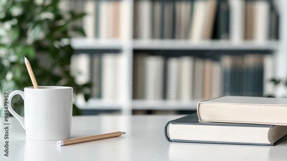 Poster books and a mug with pencils on a clean desk in a bright library space with neatly arranged bookshel