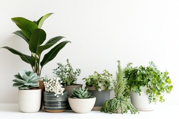 Obraz premium A collection of various indoor plants in decorative pots against a neutral background.