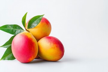 Three ripe mangoes with green leaves on a white background.