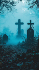 Misty Graveyard with Eerie Atmosphere