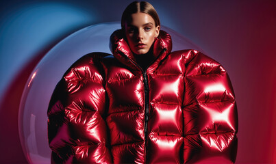 A woman in a red puffer jacket poses against a blurred background