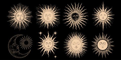 Vector illustration set of moon phases. Different stages of moonlight activity in vintage engraving style. Zodiac Signs