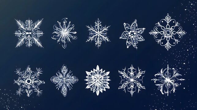 Stylized snowflake vector illustration set with Christmas motifs winter elements and geometric designs in a modern festive style