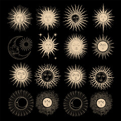 Vector illustration set of moon phases. Different stages of moonlight activity in vintage engraving style. Zodiac Signs