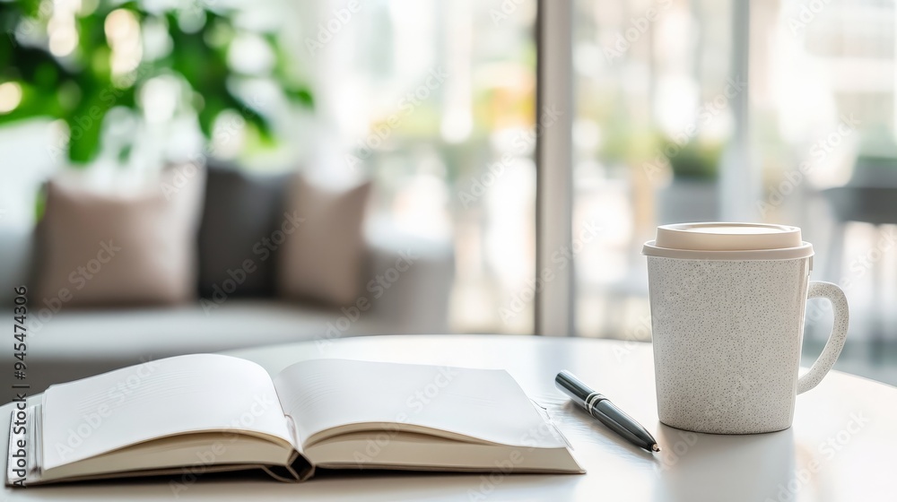 Poster an open notebook with a pen and a coffee cup placed on a white table, set against a backdrop of a br