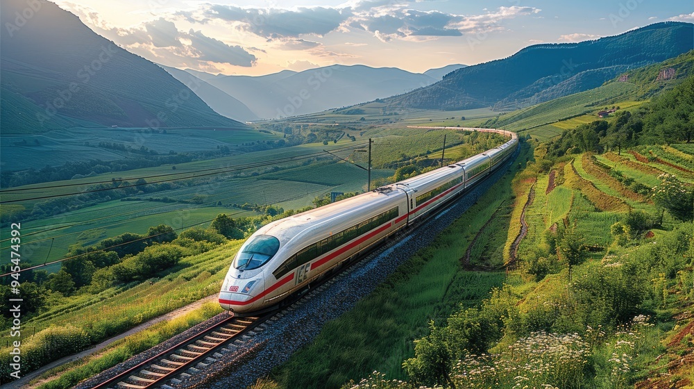 Poster an aerial view of a scenic landscape as a high-speed train passes through it. generative ai.