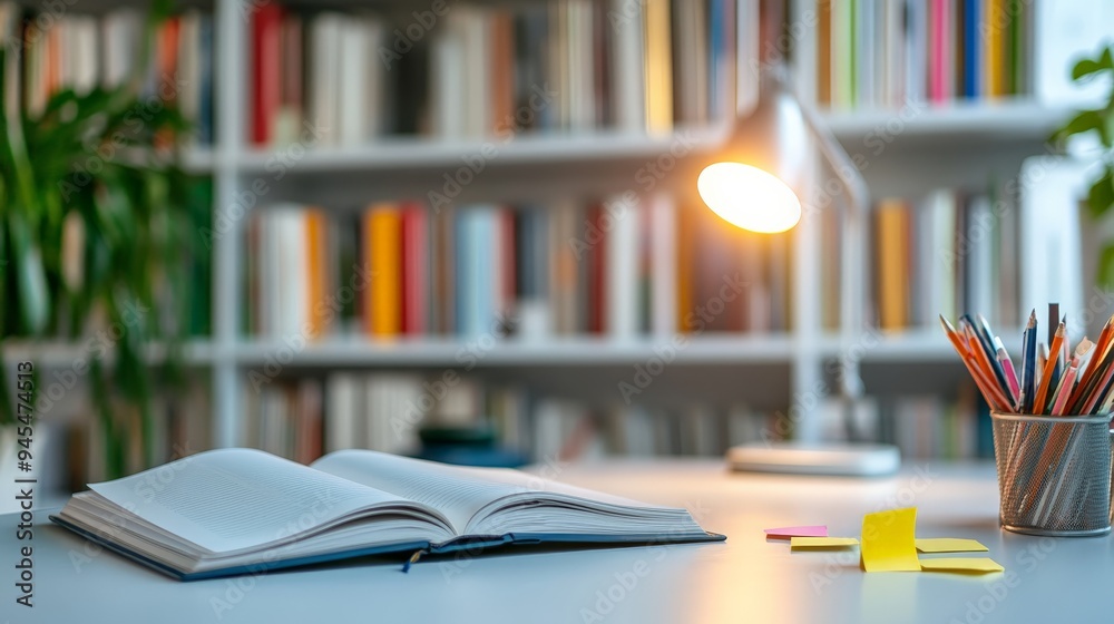 Poster an open book with a pen alongside colorful post-it notes on a clean, organized desk in a library. th