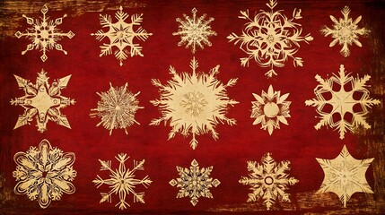 Vintage-style snowflake vectors with a Christmas theme featuring ornate patterns and warm colors